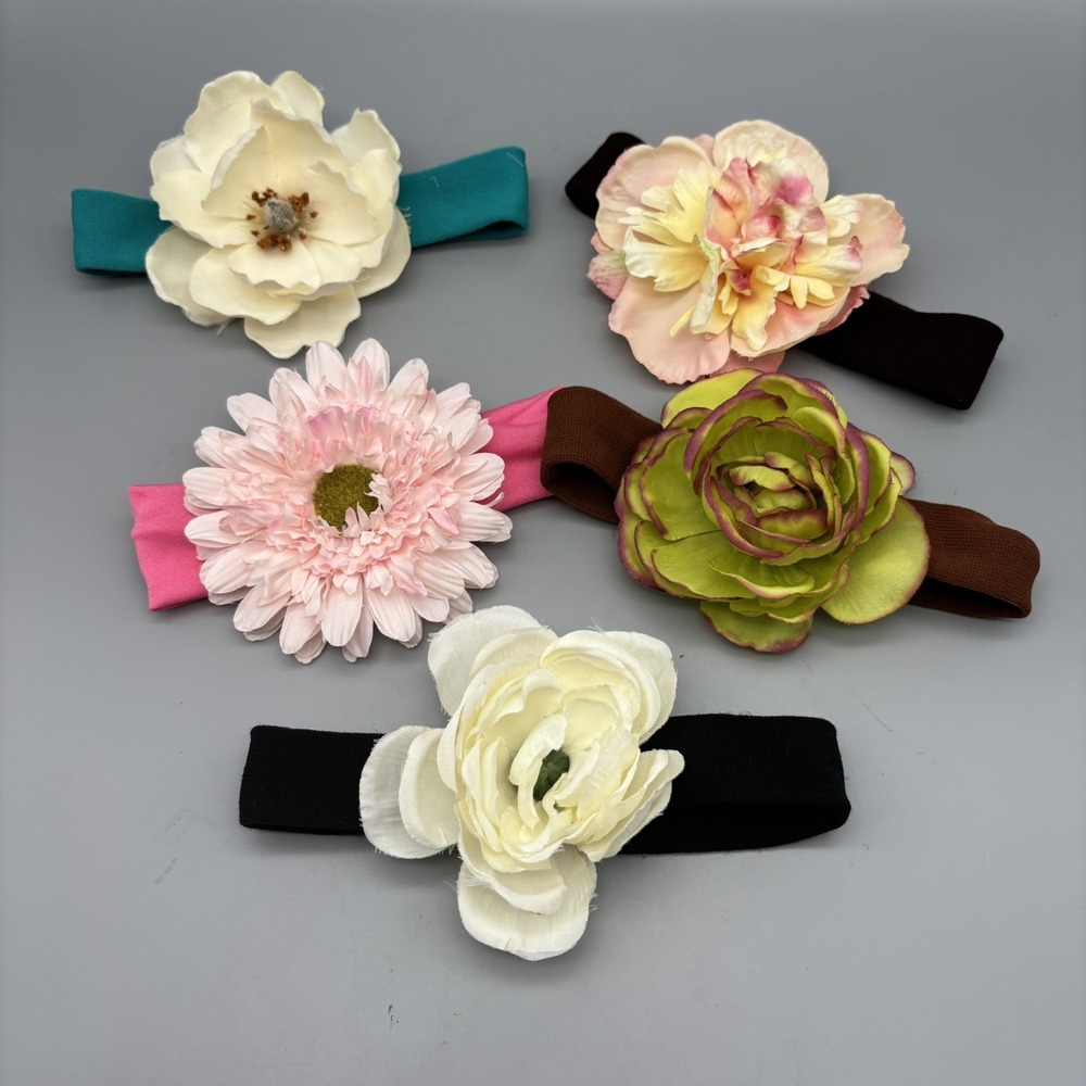 5 Pc. Large Flower Hair Bow on Knit Headband‎ Lot Gift Set Baby Girl
